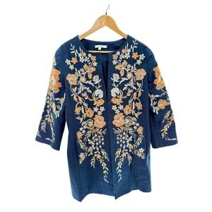 Chico's Blue Floral Embroidered Beaded Longline Lightweight L Jacket Artisanal